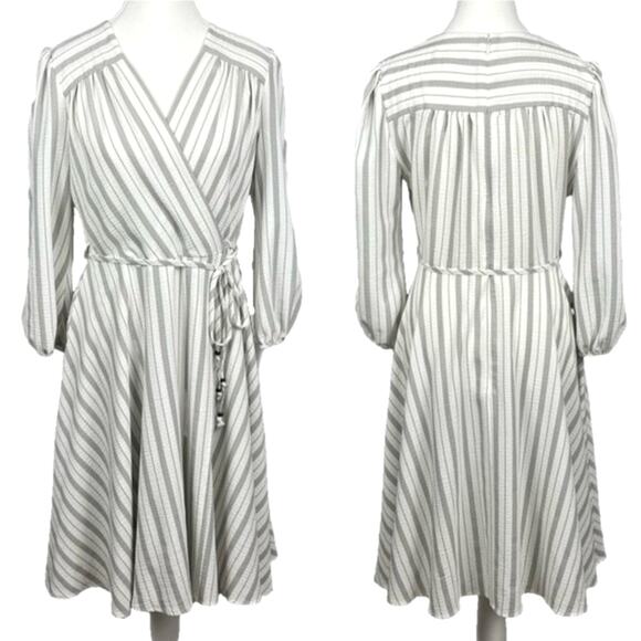 NWT Calvin Klein White Gray Striped Midi Wrap Dress Size 10 - Picture 1 of 9